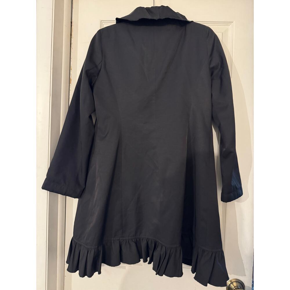 DKNY Black Ruffle Trim Front Zip Trench Coat Jacket Red Lining Medium - Picture 4 of 4